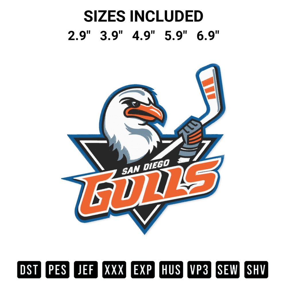 Discover the perfect addition to your crafting collection: San Diego Gulls Logo Embroidery Design embroidery file. Instantly available at Designspacks.com. Available sizes: 2.9", 3.9", 4.9", 5.9", 6.9".
