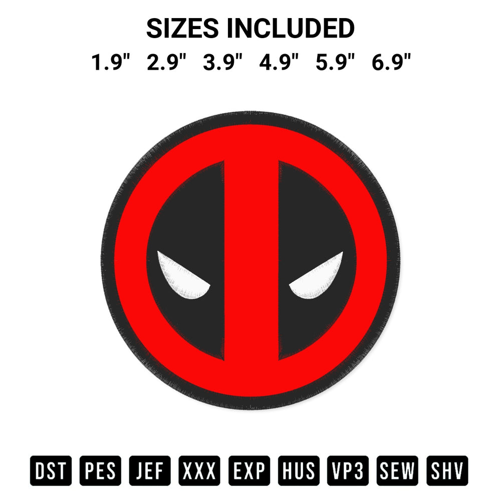 Shop the Deadpool Logo Embroidery Design machine embroidery pattern at Designspacks.com. Beautifully digitized for flawless stitching on any fabric. Available sizes: 1.9", 2.9", 3.9", 4.9", 5.9", 6.9".