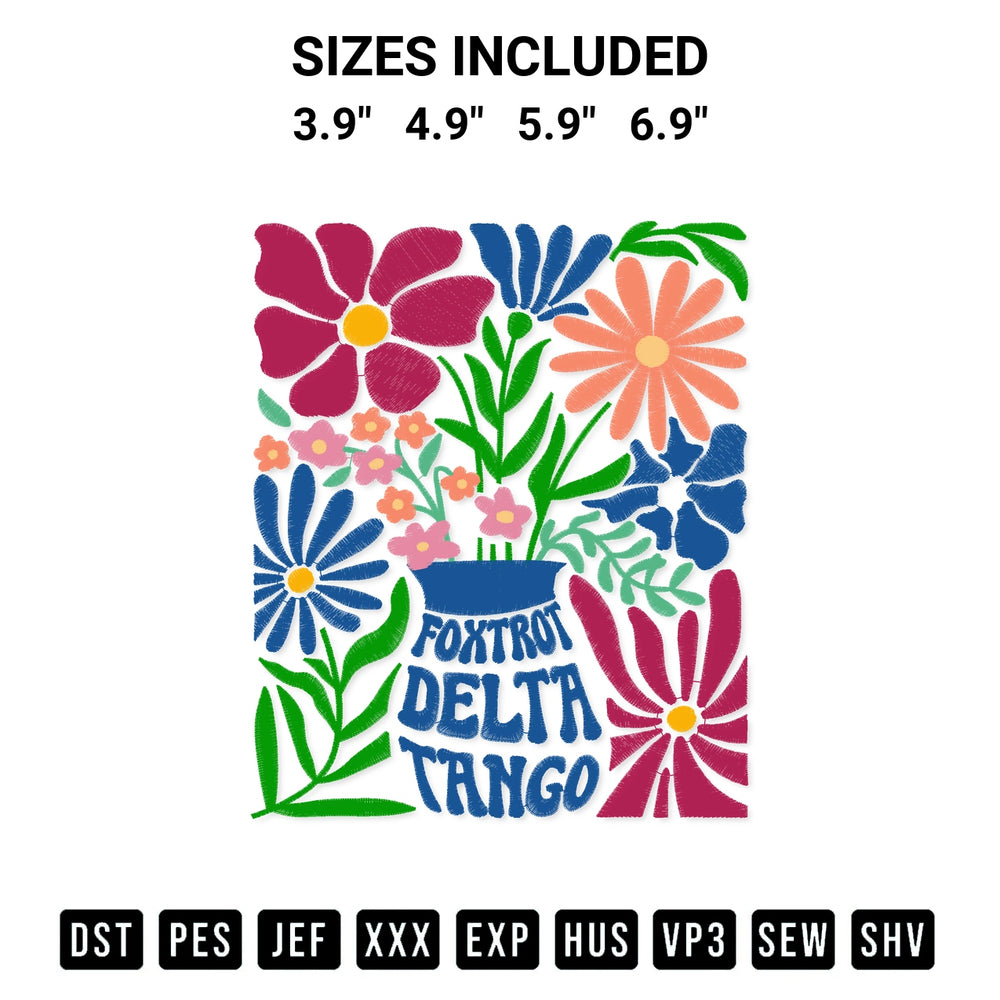 Stitch like a pro with the Foxtrots Deltas Tangos Boho Floral Embroidery Design embroidery pattern from Designspacks.com. High-quality digital machine embroidery file. Available sizes: 3.9", 4.9", 5.9", 6.9".
