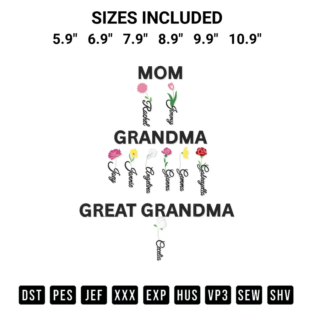 Transform your fabrics with the Mom Grandma Great Grandma Embroidery Design embroidery design. Instant access to premium digitized patterns at Designspacks.com. Available sizes: 5.9", 6.9", 7.9", 8.9", 9.9", 10.9".