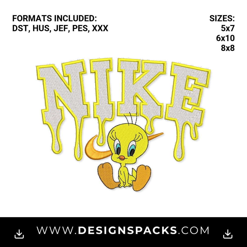 Tweety Bird Dripping Nike Logo Embroidery Design - Instant digital download pattern at Designspacks.com
