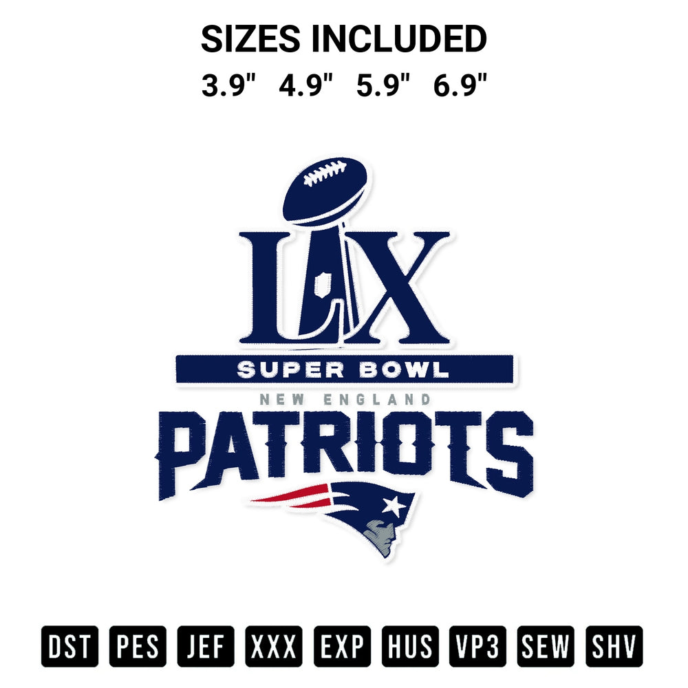 Get the Patriots Football Super Bowl Lx Embroidery Design embroidery design for your custom crafts! Premium digitized files available for instant download at Designspacks.com. Available sizes: 3.9", 4.9", 5.9", 6.9".