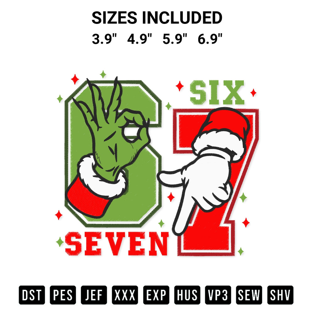 Stitch like a pro with the 67 Hand Six Seven Christmas Embroidery Design embroidery pattern from Designspacks.com. High-quality digital machine embroidery file. Available sizes: 3.9", 4.9", 5.9", 6.9".