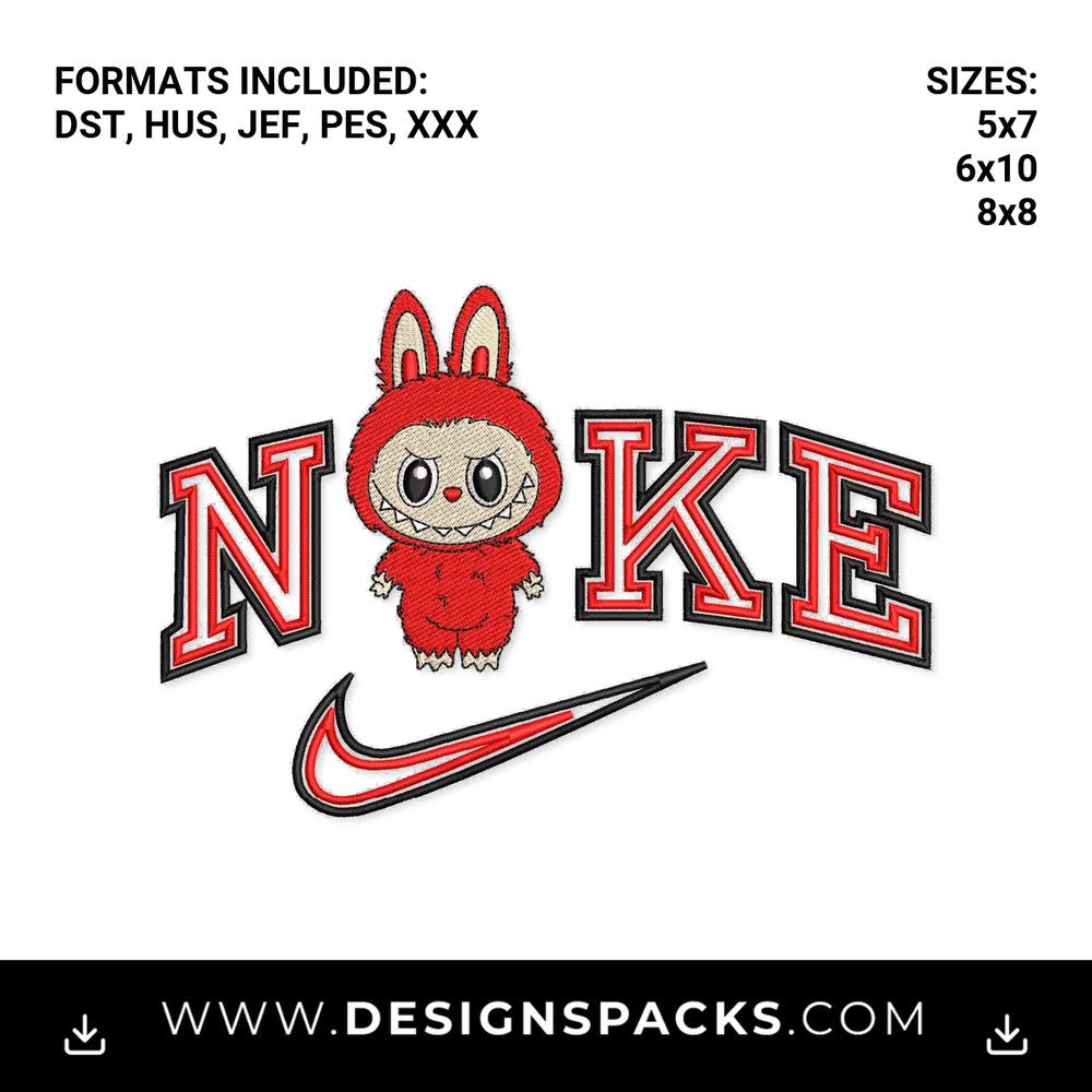 Red Labubu Monster Swoosh Embroidery Design - Instant digital download pattern at Designspacks.com