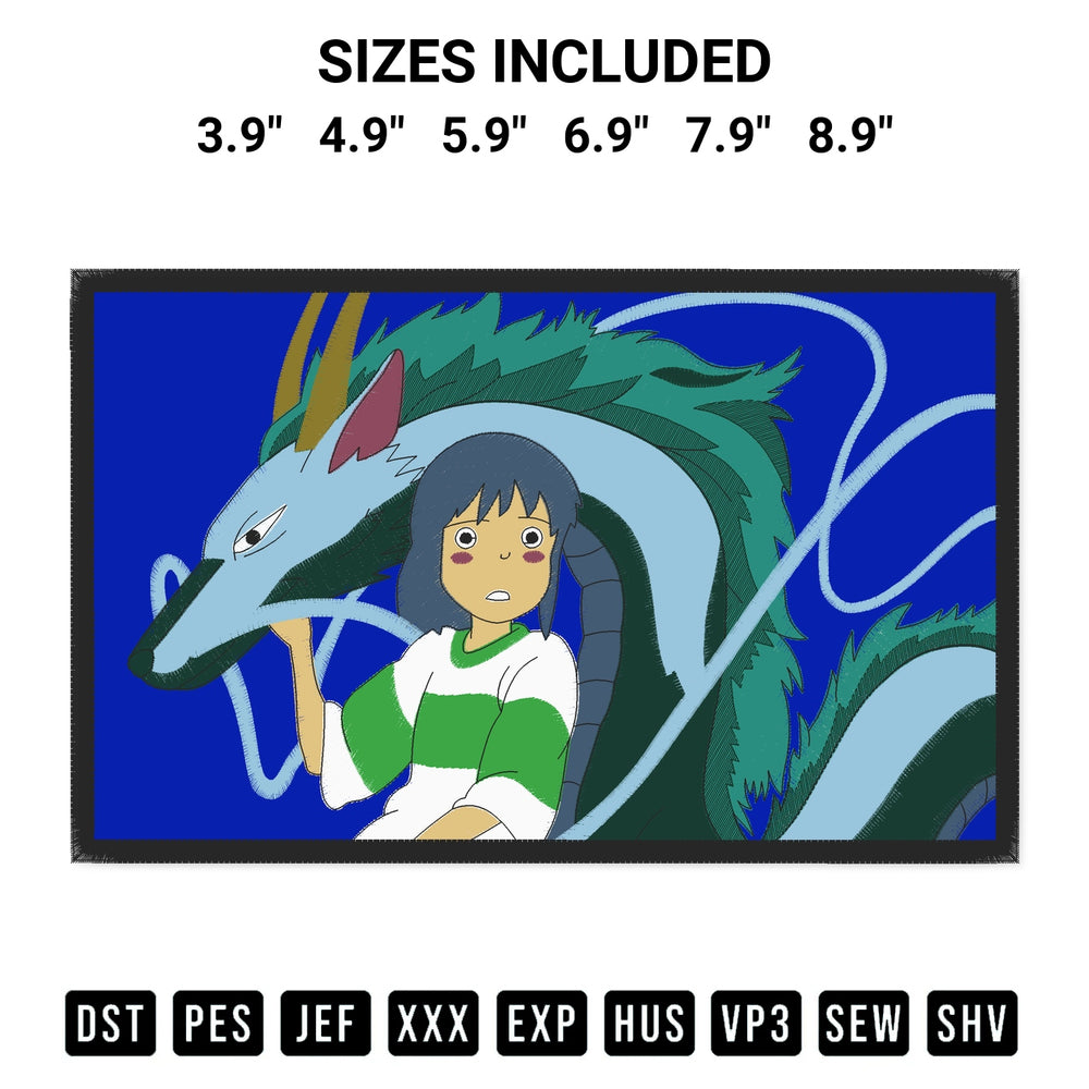 Transform your fabrics with the Chihiro With Dragon Embroidery Design embroidery design. Instant access to premium digitized patterns at Designspacks.com. Available sizes: 3.9", 4.9", 5.9", 6.9", 7.9", 8.9".