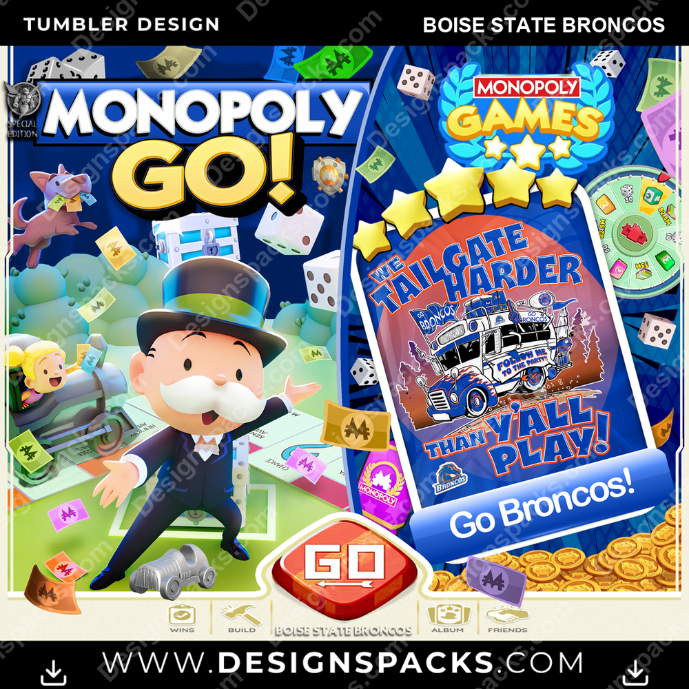 College Sport Monopoly Go! Boise State Broncos NCAA College Sport Tumbler Digital Wrap Design Download