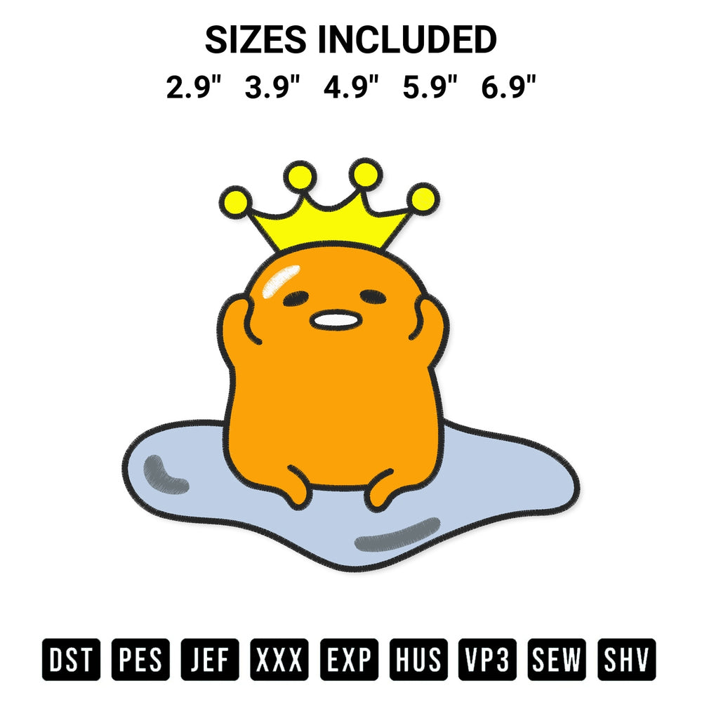 Looking for the perfect pattern? Download the Gudetama Prince Embroidery Design embroidery design today at Designspacks.com. Crisp, clean stitching guaranteed. Available sizes: 2.9", 3.9", 4.9", 5.9", 6.9".