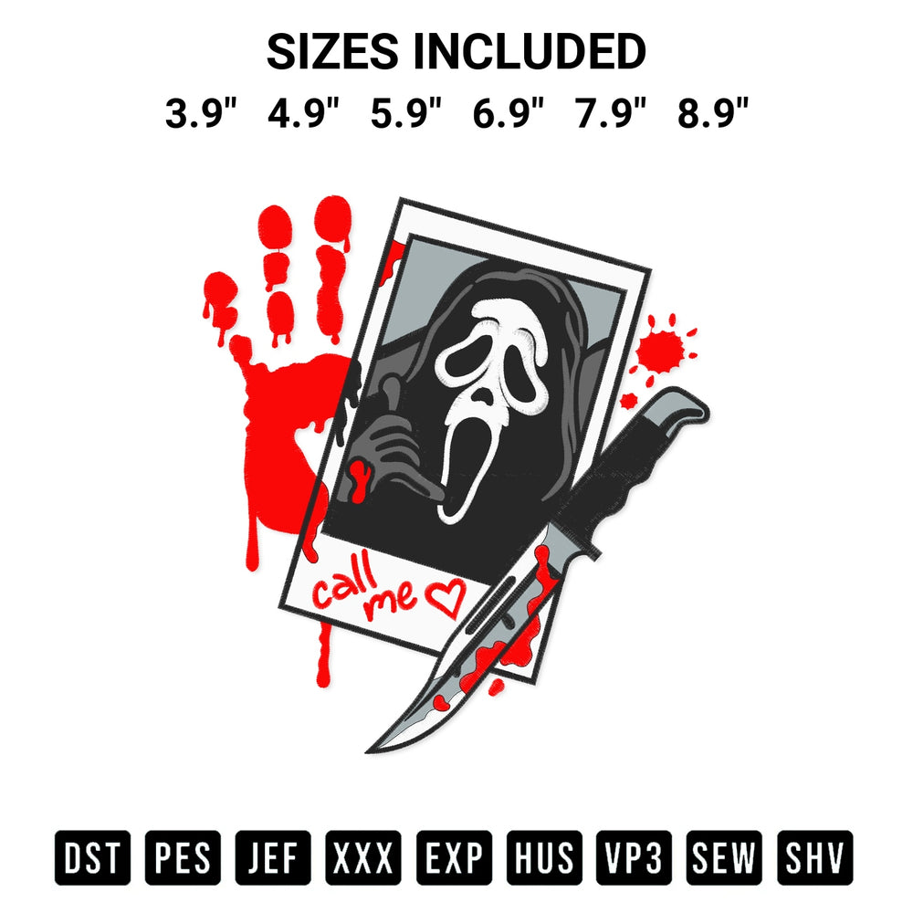 Elevate your next project with our Call Me Scream Embroidery Design embroidery file. Shop high-quality digital patterns instantly at Designspacks.com. Available sizes: 3.9", 4.9", 5.9", 6.9", 7.9", 8.9".