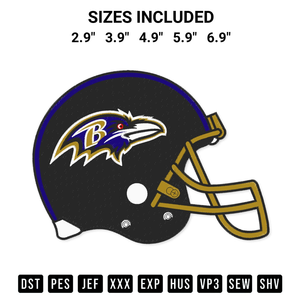 Get the Baltimore Ravens Helmet Embroidery Design embroidery design for your custom crafts! Premium digitized files available for instant download at Designspacks.com. Available sizes: 2.9", 3.9", 4.9", 5.9", 6.9".