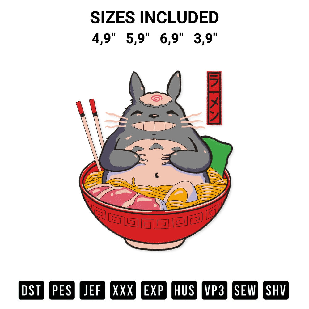 Get the Totoro Ramen Logo Embroidery Design embroidery design for your custom crafts! Premium digitized files available for instant download at Designspacks.com. Available sizes: 4,9", 5,9", 6,9", 3,9".