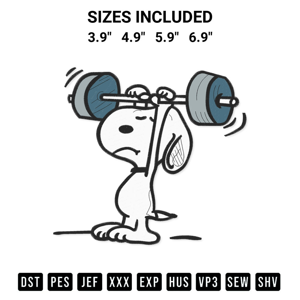 Shop the Snoopy Weightlifting Embroidery Design machine embroidery pattern at Designspacks.com. Beautifully digitized for flawless stitching on any fabric. Available sizes: 3.9", 4.9", 5.9", 6.9".