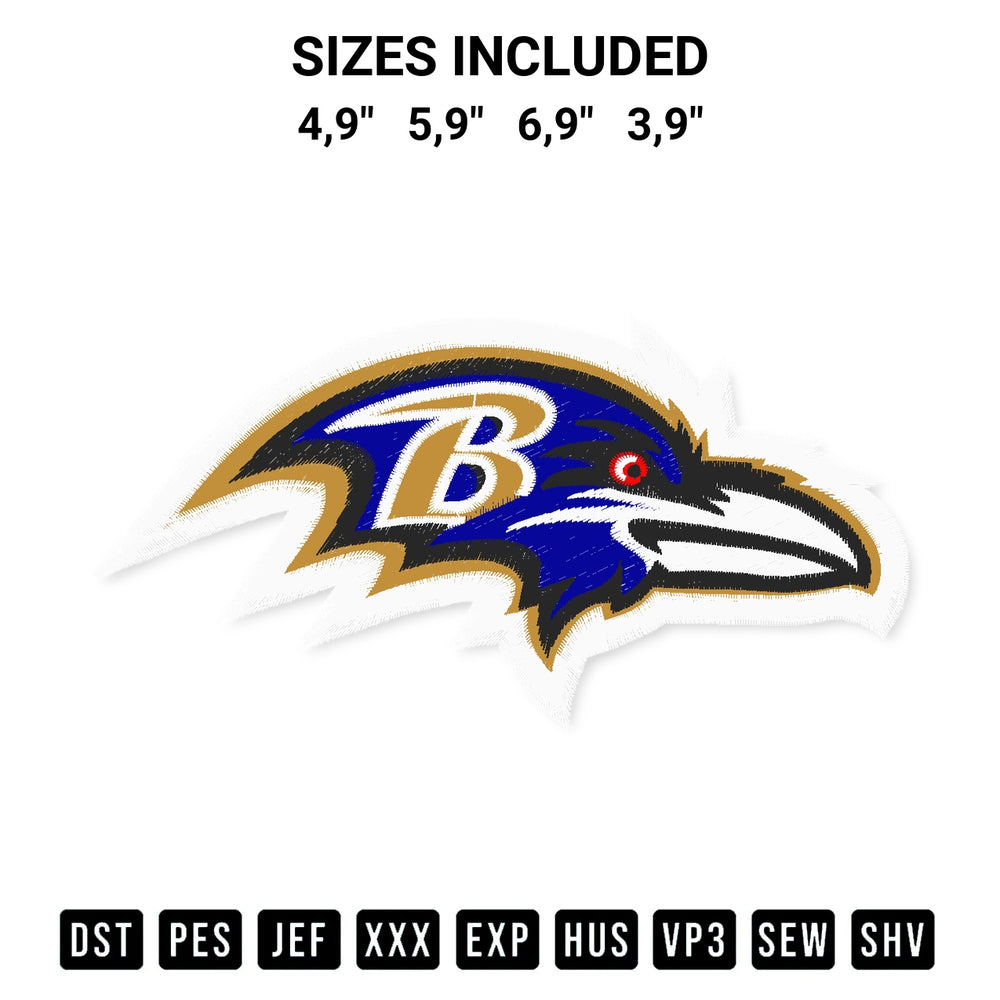 Elevate your next project with our Baltimore Ravens Logo Embroidery Design embroidery file. Shop high-quality digital patterns instantly at Designspacks.com. Available sizes: 4,9", 5,9", 6,9", 3,9".