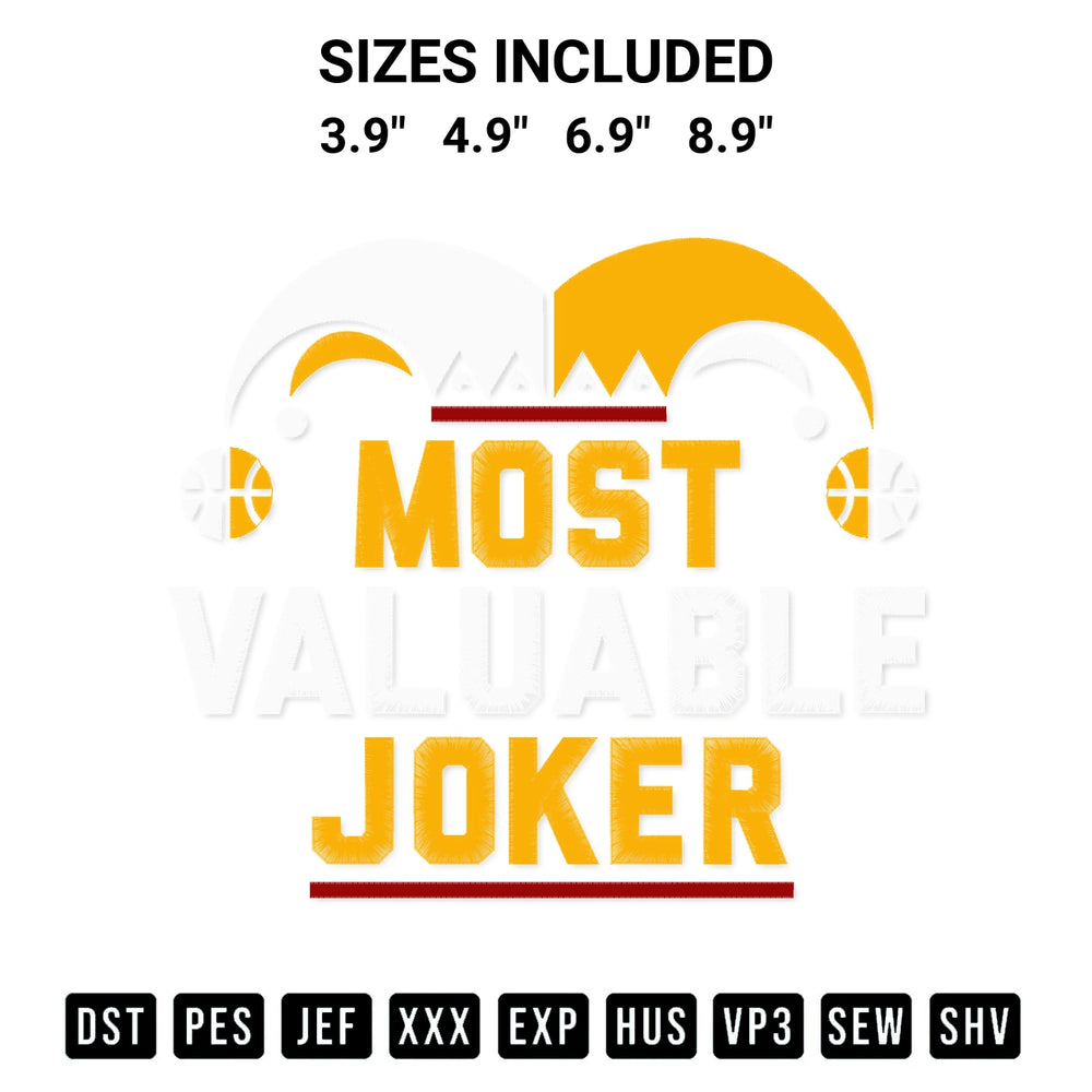 Looking for the perfect pattern? Download the Most Valuable Joker Denver Nuggets Embroidery Design embroidery design today at Designspacks.com. Crisp, clean stitching guaranteed. Available sizes: 3.9", 4.9", 6.9", 8.9".
