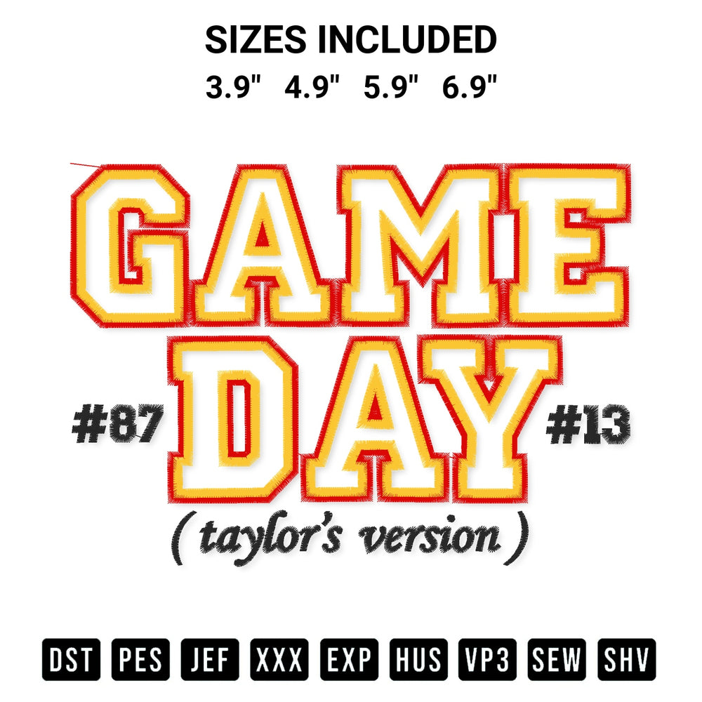 Looking for the perfect pattern? Download the Game Day Taylors Version Embroidery Design embroidery design today at Designspacks.com. Crisp, clean stitching guaranteed. Available sizes: 3.9", 4.9", 5.9", 6.9".