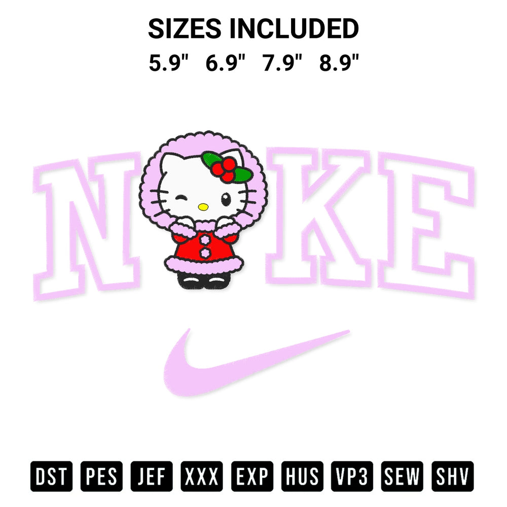 Discover the perfect addition to your crafting collection: Nike Christmas Hello Kitty Embroidery Design embroidery file. Instantly available at Designspacks.com. Available sizes: 5.9", 6.9", 7.9", 8.9".