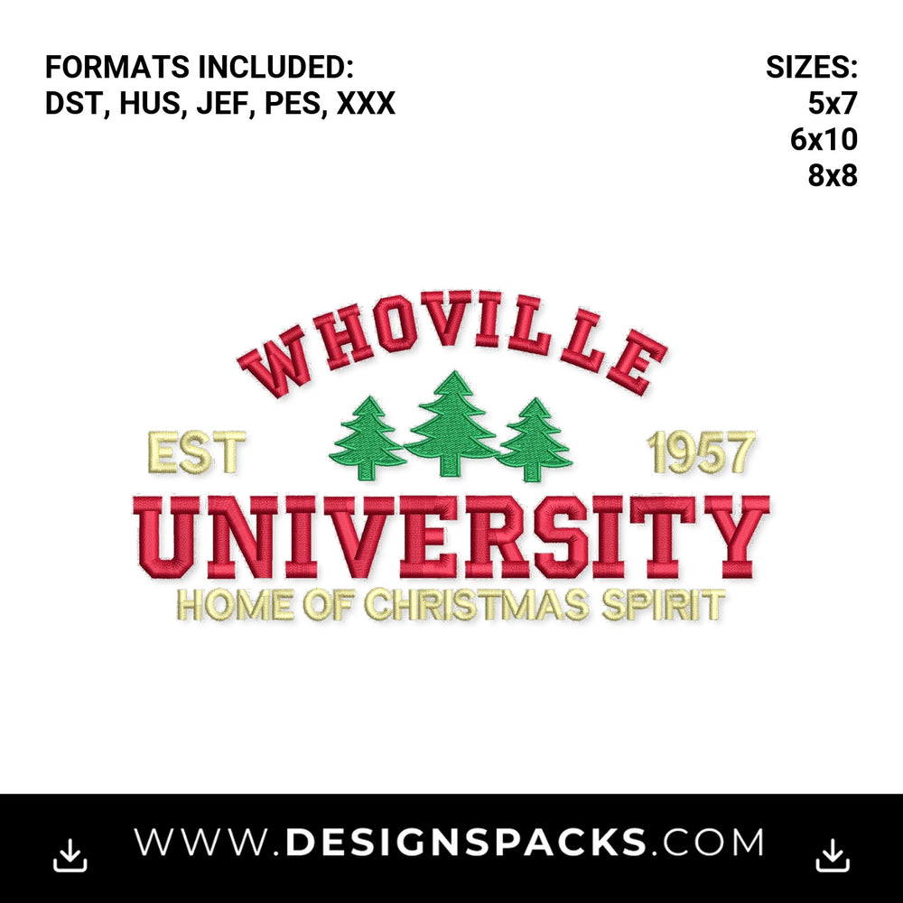 Whoville University Christmas Spirit Embroidery Design - Instant digital download pattern at Designspacks.com