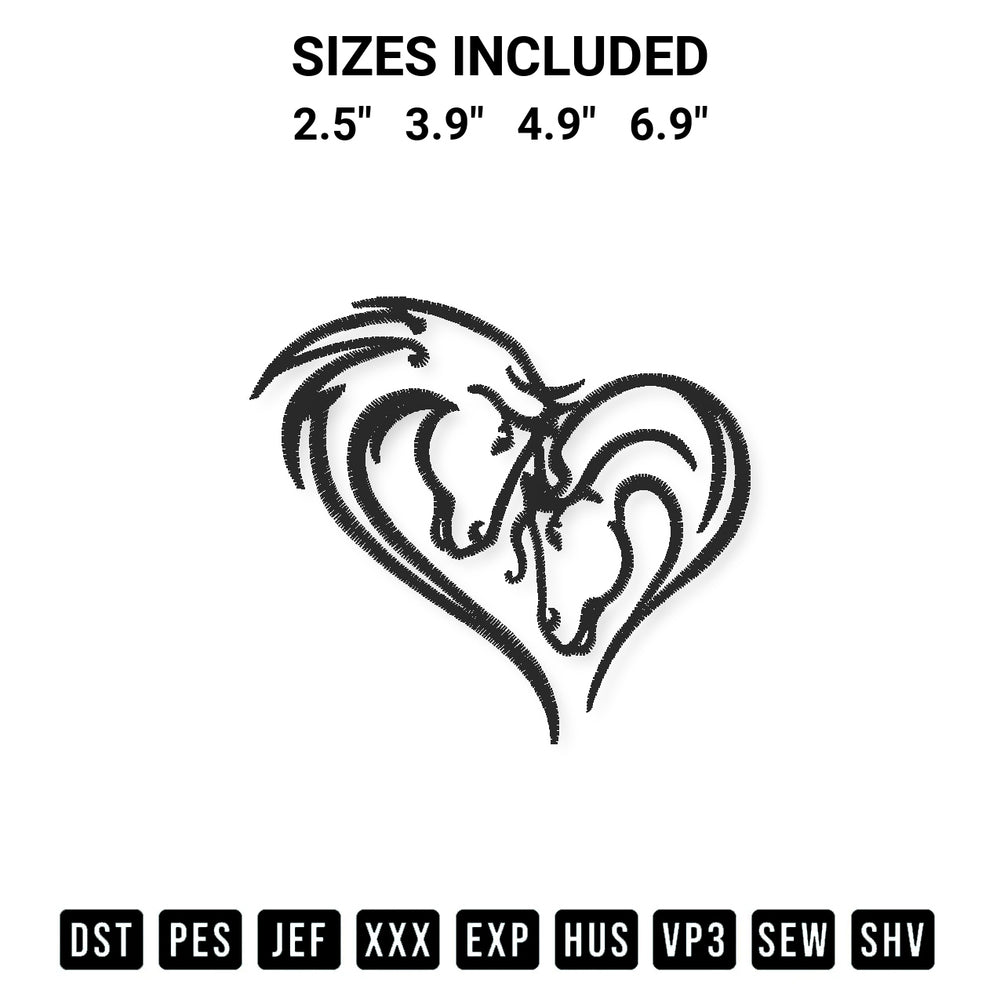Stitch like a pro with the Love Heart Couple Horse Embroidery Design embroidery pattern from Designspacks.com. High-quality digital machine embroidery file. Available sizes: 2.5", 3.9", 4.9", 6.9".
