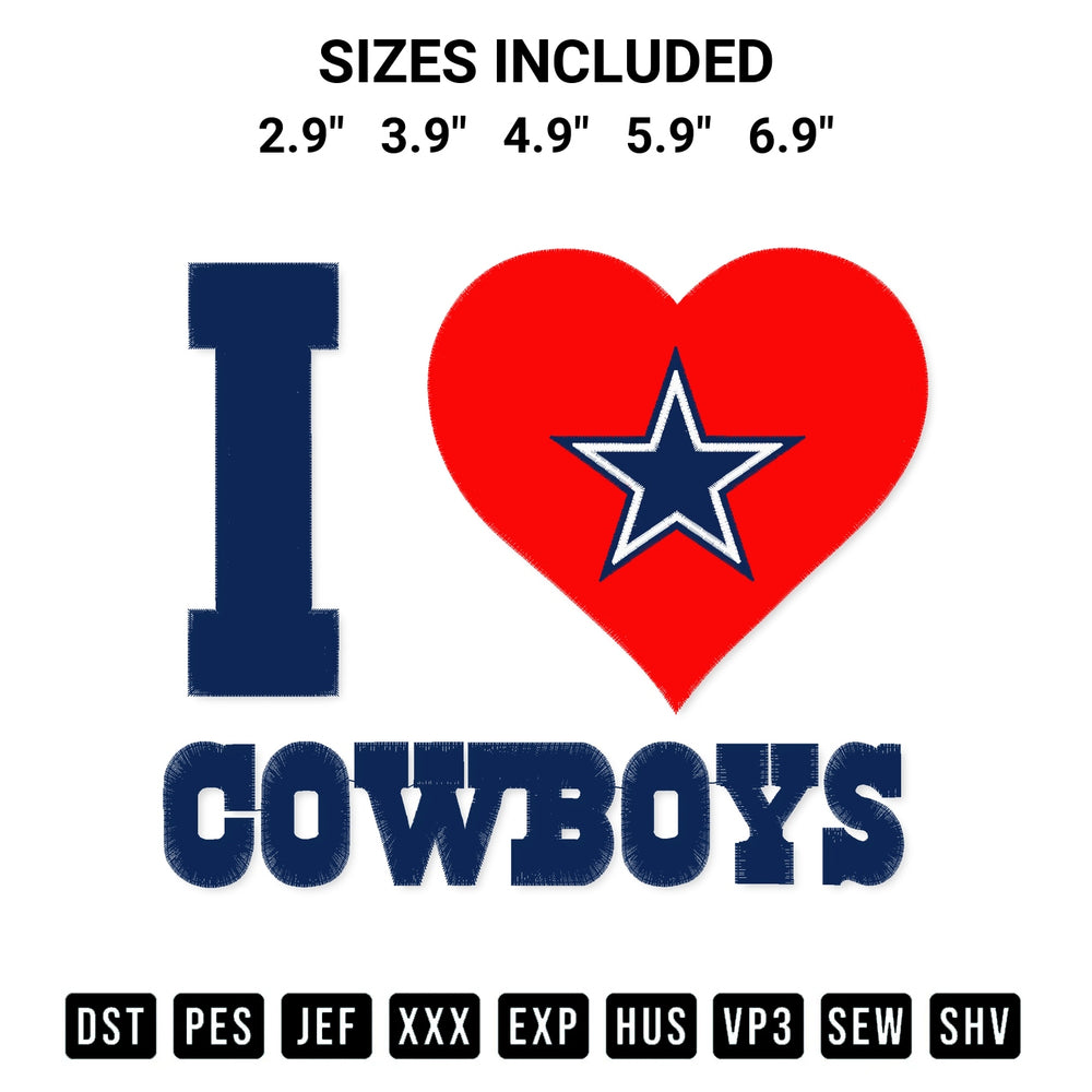 Stitch like a pro with the I Love Dallas Cowboys Embroidery Design embroidery pattern from Designspacks.com. High-quality digital machine embroidery file. Available sizes: 2.9", 3.9", 4.9", 5.9", 6.9".