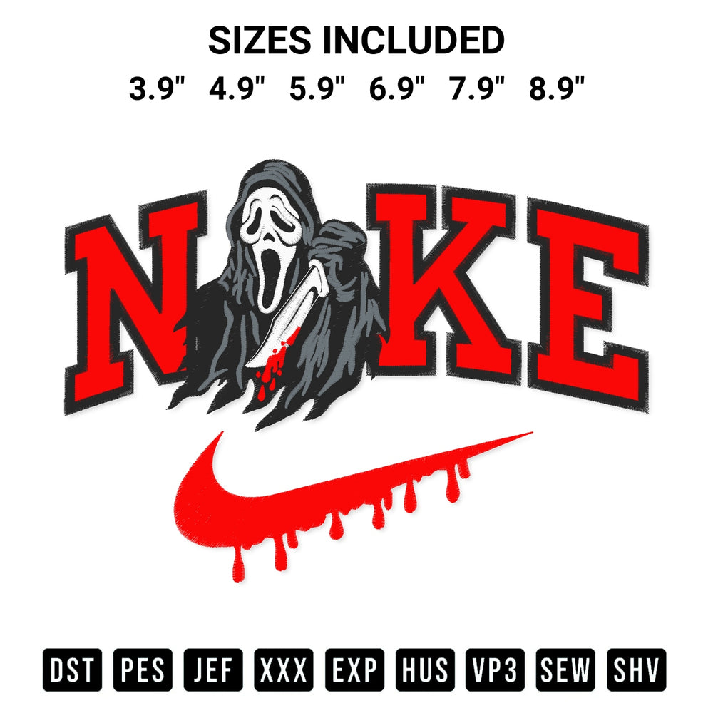 Add a unique touch to your apparel with the Halloween Nike Scream Embroidery Design embroidery file. Premium instant download available now on Designspacks.com. Available sizes: 3.9", 4.9", 5.9", 6.9", 7.9", 8.9".