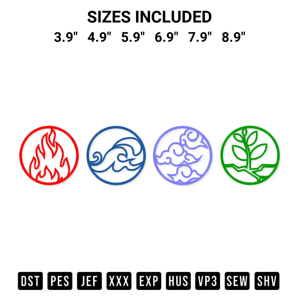 Transform your fabrics with the Four Elements Fire Water Air Earth Embroidery Design embroidery design. Instant access to premium digitized patterns at Designspacks.com. Available sizes: 3.9", 4.9", 5.9", 6.9", 7.9", 8.9".