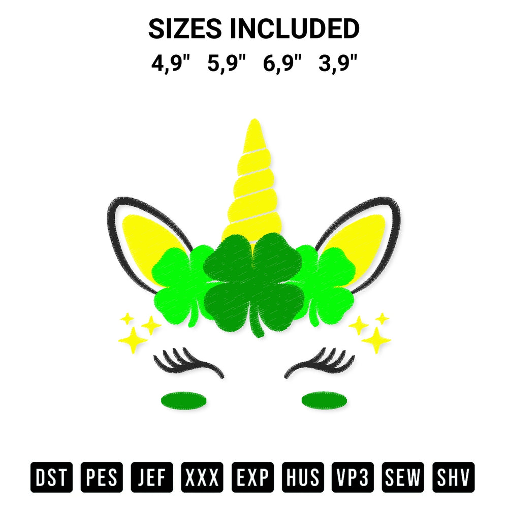 Stitch like a pro with the Cute Unicom Face St Patricks Day Kids Girls Women Logo Embroidery Design embroidery pattern from Designspacks.com. High-quality digital machine embroidery file. Available sizes: 4,9", 5,9", 6,9", 3,9".