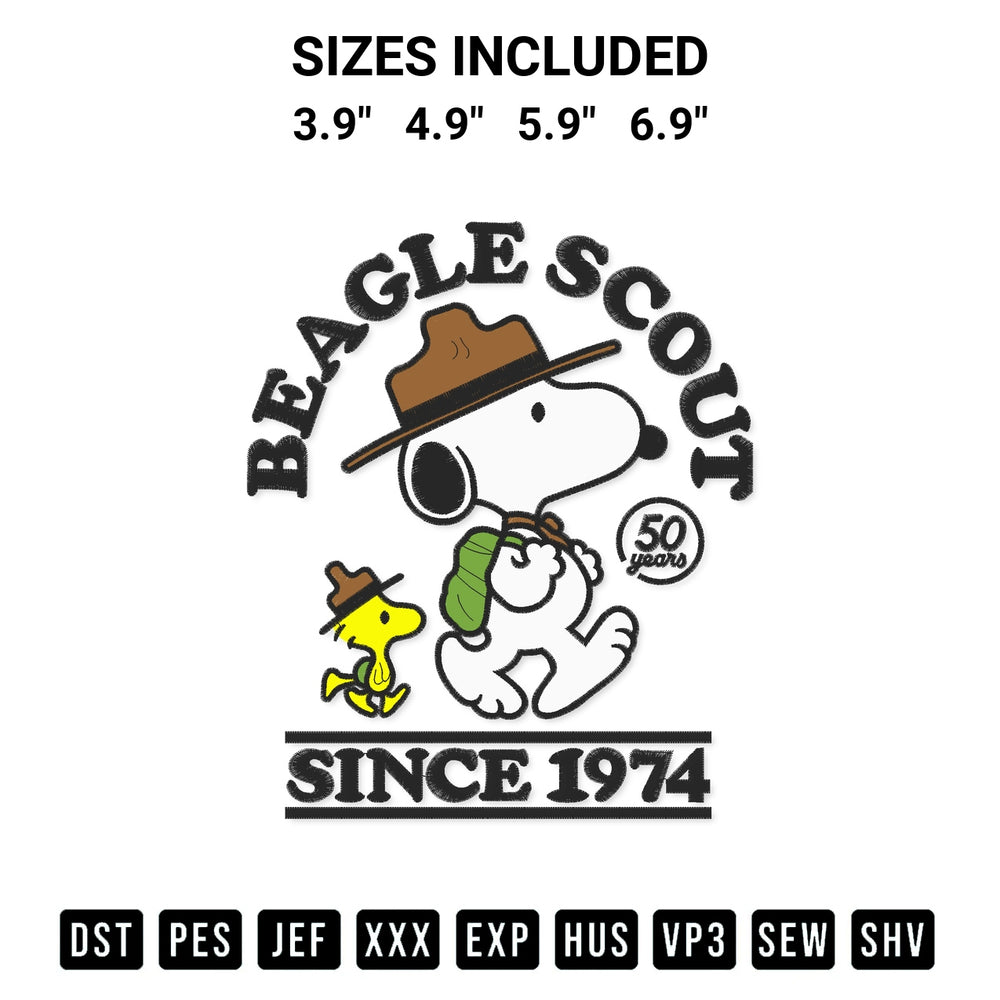 Elevate your next project with our Peanuts Beagle Scout Since 1974 Embroidery Design embroidery file. Shop high-quality digital patterns instantly at Designspacks.com. Available sizes: 3.9", 4.9", 5.9", 6.9".
