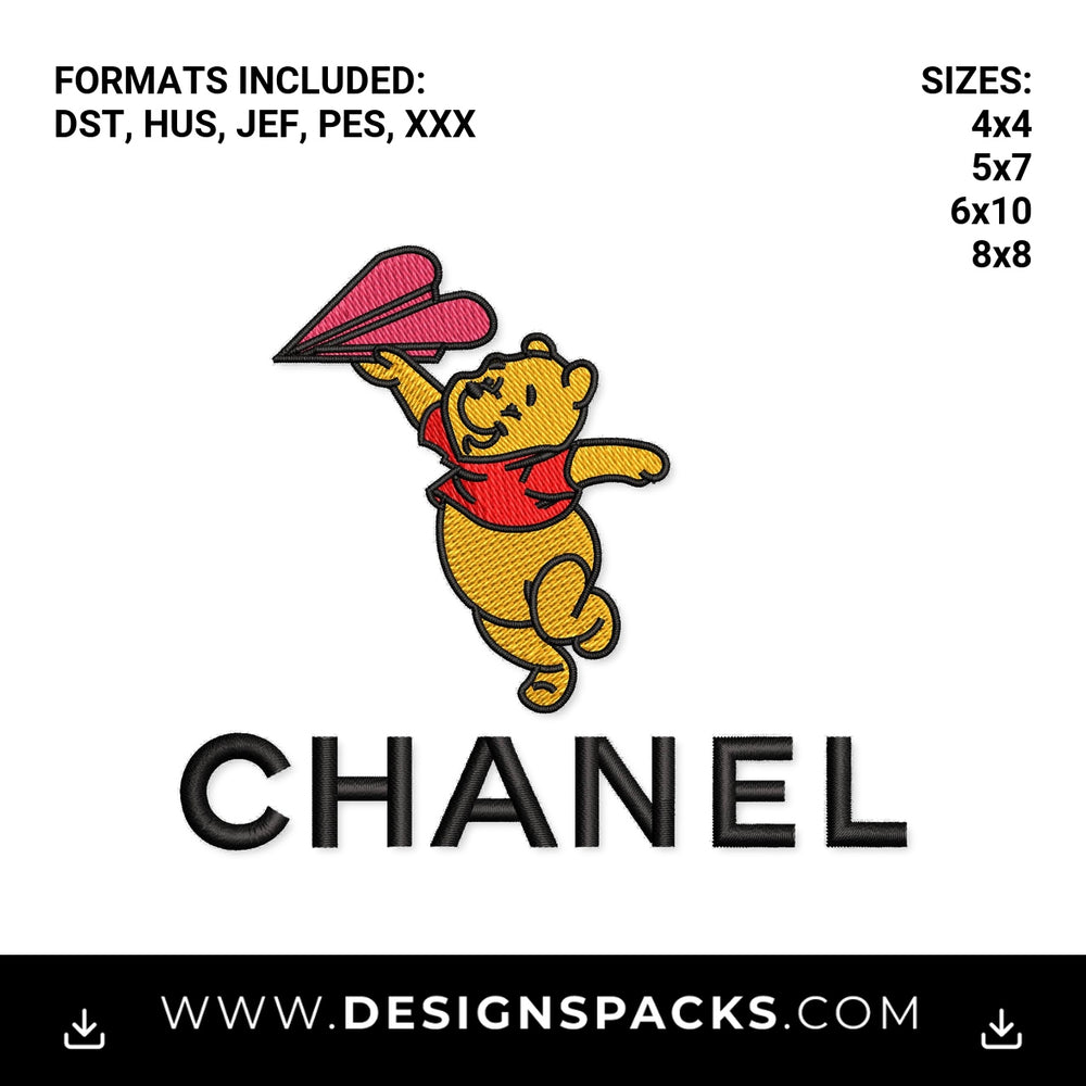Chanel Pooh Bear with Heart Paper Plane Embroidery Design - Instant digital download pattern at Designspacks.com