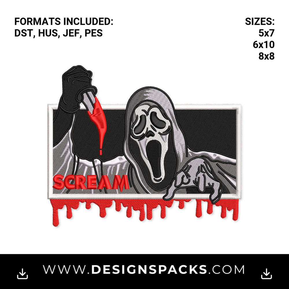 Ghostface Scream Bloody Knife Frame Embroidery Design - Instant digital download pattern at Designspacks.com