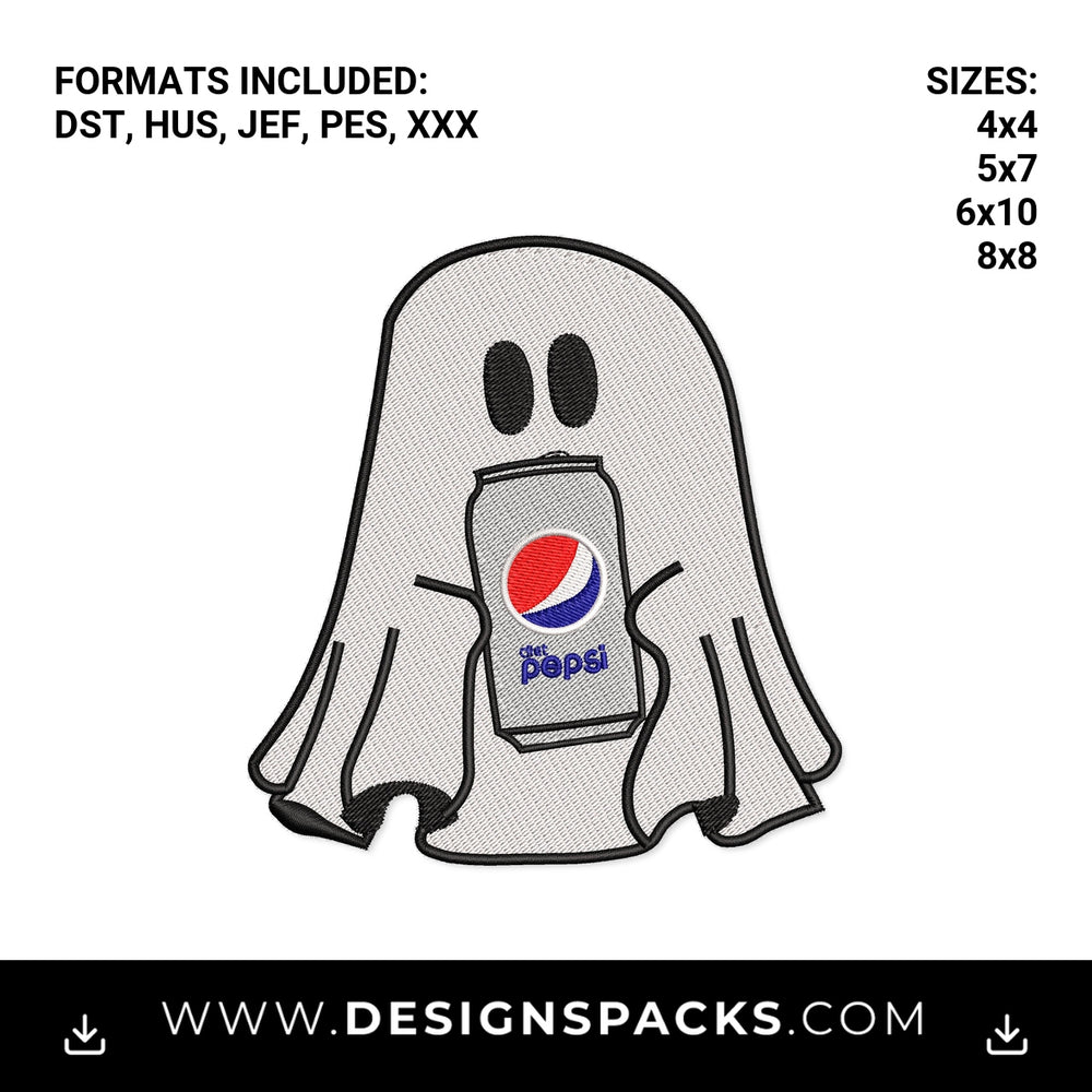 Halloween Ghost Holding Diet Pepsi Can Embroidery Design - Instant digital download pattern at Designspacks.com