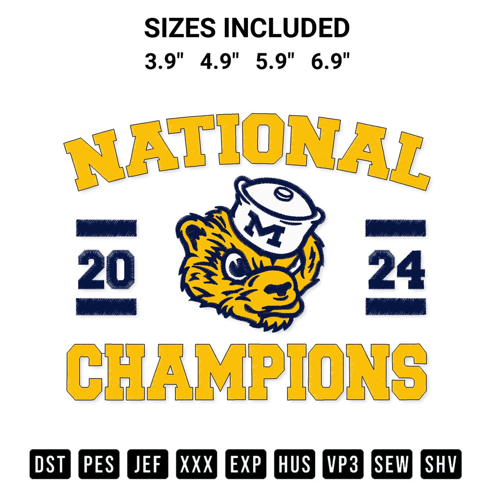 Transform your fabrics with the Michigan Wolverines National Champions 2024 Embroidery Design embroidery design. Instant access to premium digitized patterns at Designspacks.com. Available sizes: 3.9", 4.9", 5.9", 6.9".