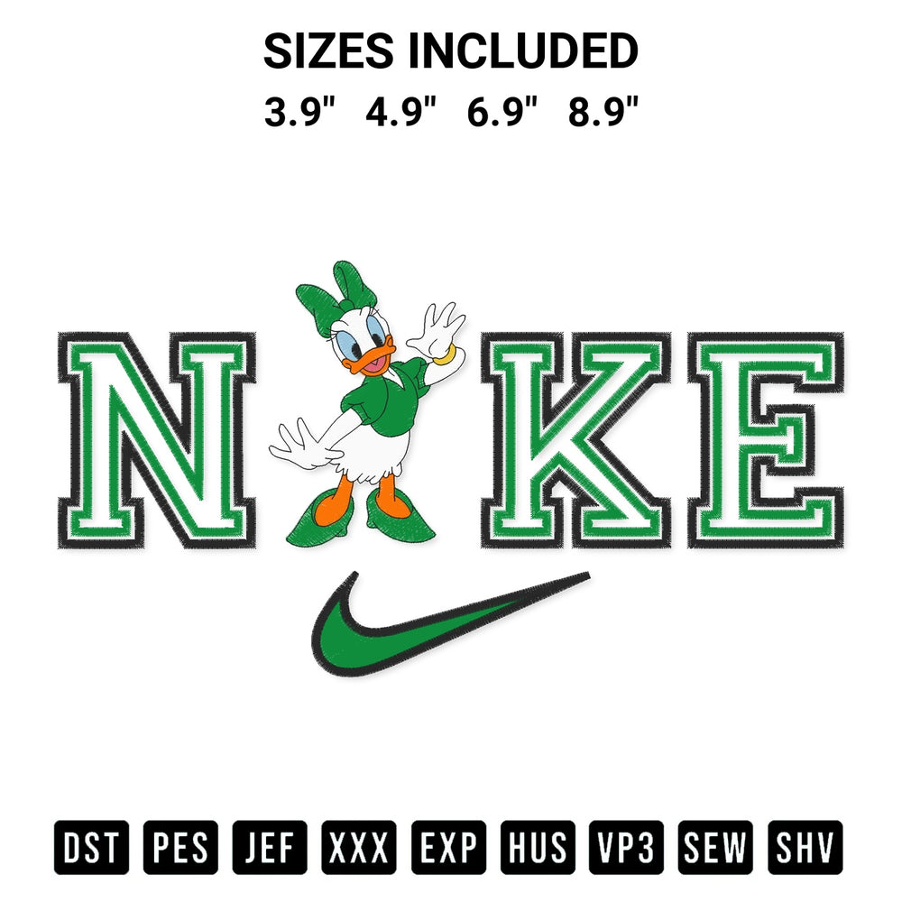 Transform your fabrics with the Donald Duck St Patricks Day X Nike Embroidery Design embroidery design. Instant access to premium digitized patterns at Designspacks.com. Available sizes: 3.9", 4.9", 6.9", 8.9".