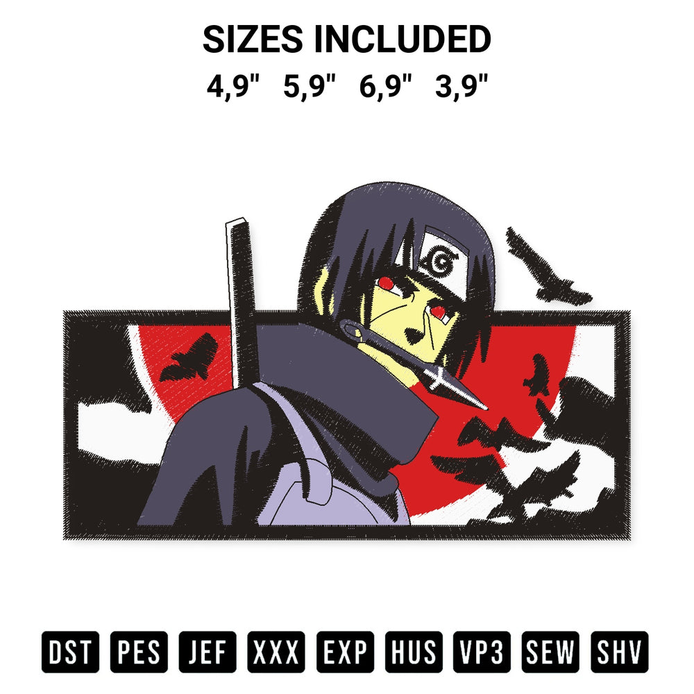 Discover the perfect addition to your crafting collection: Itachi Uchiha Logo Embroidery Design embroidery file. Instantly available at Designspacks.com. Available sizes: 4,9", 5,9", 6,9", 3,9".