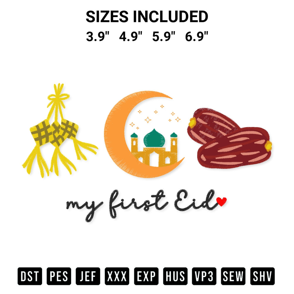 Transform your fabrics with the My First Eid Embroidery Design embroidery design. Instant access to premium digitized patterns at Designspacks.com. Available sizes: 3.9", 4.9", 5.9", 6.9".