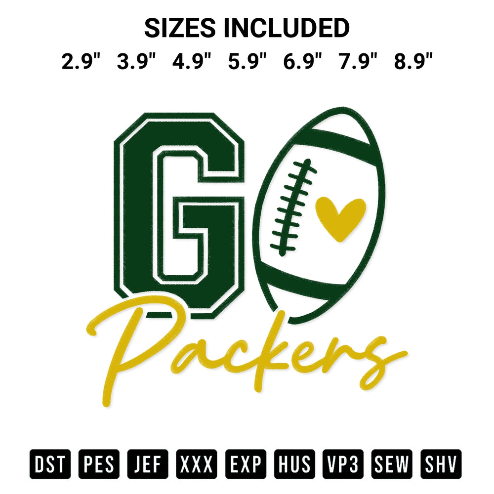 Transform your fabrics with the Go Packers Football Embroidery Design embroidery design. Instant access to premium digitized patterns at Designspacks.com. Available sizes: 2.9", 3.9", 4.9", 5.9", 6.9", 7.9", 8.9".