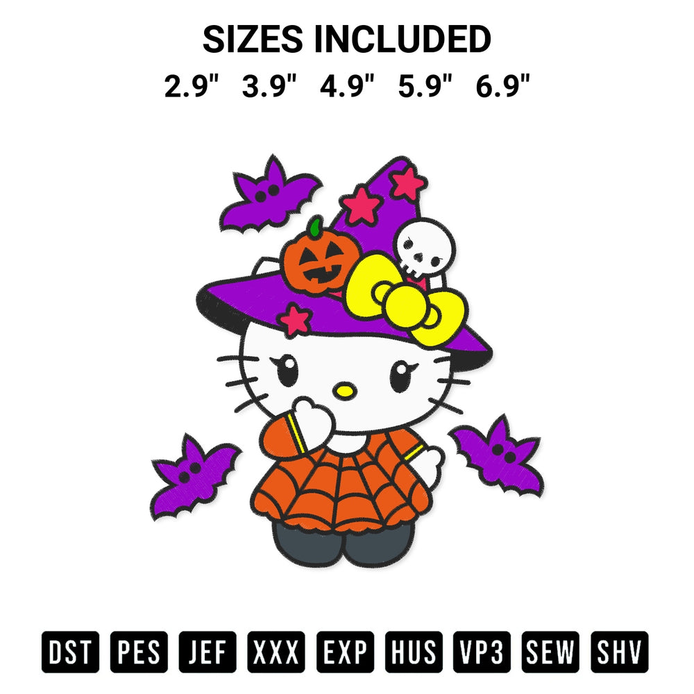 Create amazing crafts with the Halloween Witch Hello Kitty Embroidery Design embroidery file. High-quality digital download from Designspacks.com, perfect for beginners and pros. Available sizes: 2.9", 3.9", 4.9", 5.9", 6.9".