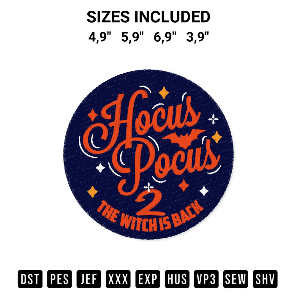 Add a unique touch to your apparel with the Hocus Pocus 2 The Witch Is Back Disney Halloween 2022 Logo Embroidery Design embroidery file. Premium instant download available now on Designspacks.com. Available sizes: 4,9", 5,9", 6,9", 3,9".