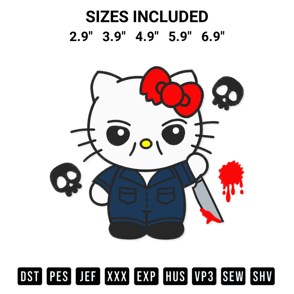 Add a unique touch to your apparel with the Hello Kitty Michael Myers Embroidery Design embroidery file. Premium instant download available now on Designspacks.com. Available sizes: 2.9", 3.9", 4.9", 5.9", 6.9".
