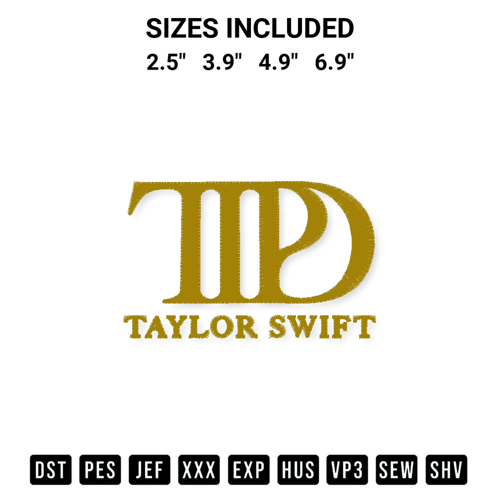 Discover the perfect addition to your crafting collection: Taylor Swift Ttpd Logo Embroidery Design embroidery file. Instantly available at Designspacks.com. Available sizes: 2.5", 3.9", 4.9", 6.9".