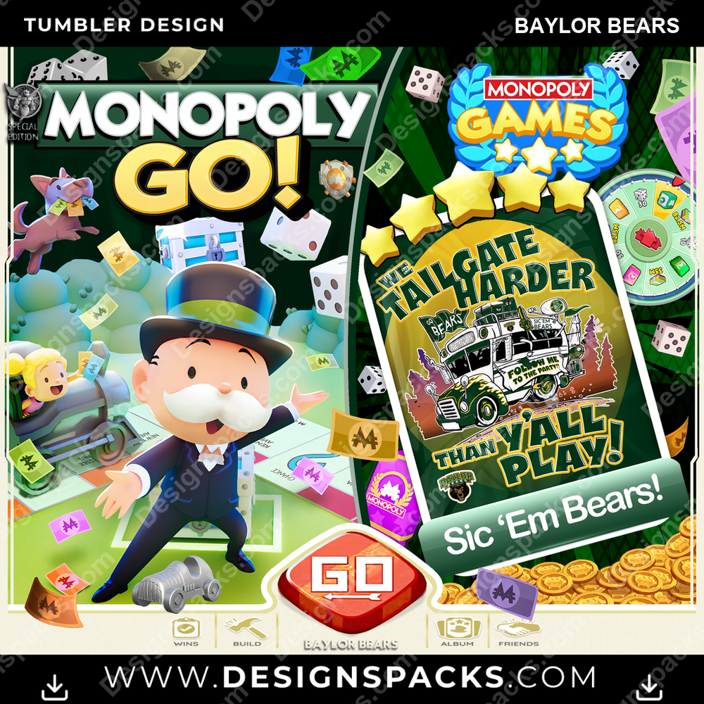 College Sport Monopoly Go! Baylor Bears Tumbler Digital Wrap Design