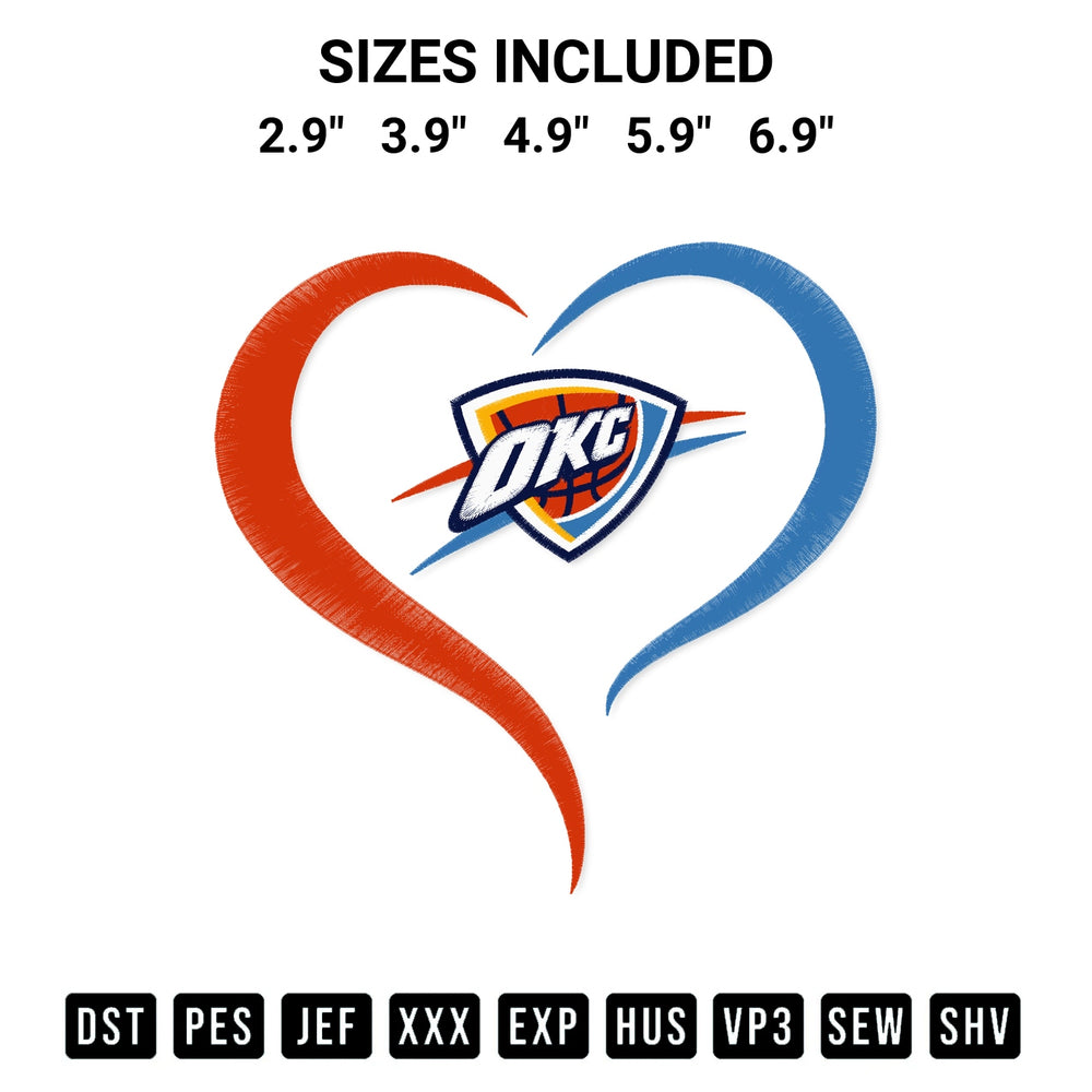 Looking for the perfect pattern? Download the Oklahoma City Thunder Heart Embroidery Design embroidery design today at Designspacks.com. Crisp, clean stitching guaranteed. Available sizes: 2.9", 3.9", 4.9", 5.9", 6.9".