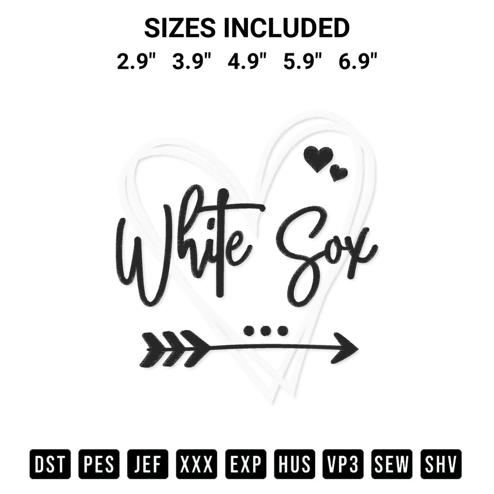 Download the Chicago White Sox Baseball Heart Embroidery Design machine embroidery design exclusively at Designspacks.com. Premium digitized pattern for apparel and DIY crafts. Available sizes: 2.9", 3.9", 4.9", 5.9", 6.9".