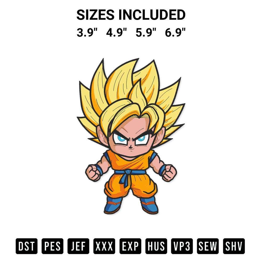Get the Goku Super Saiyan Chibi Embroidery Design embroidery design for your custom crafts! Premium digitized files available for instant download at Designspacks.com. Available sizes: 3.9", 4.9", 5.9", 6.9".