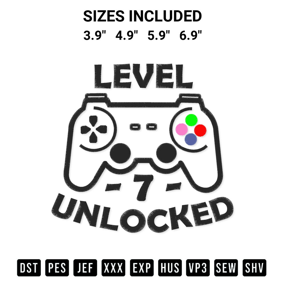 Add a unique touch to your apparel with the Level 7 Unlocked Embroidery Design embroidery file. Premium instant download available now on Designspacks.com. Available sizes: 3.9", 4.9", 5.9", 6.9".
