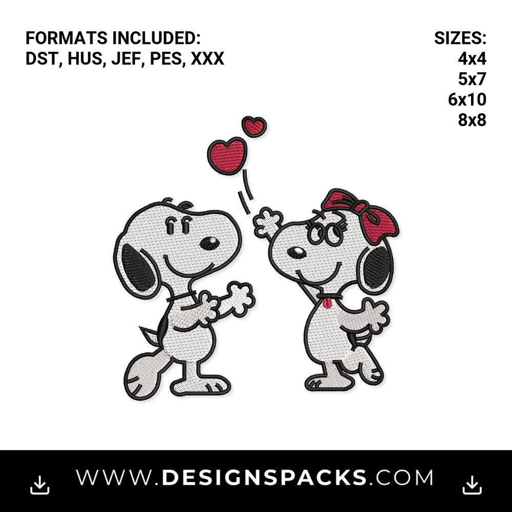 Snoopy and Belle Valentine Hearts Embroidery Design - Instant digital download pattern at Designspacks.com