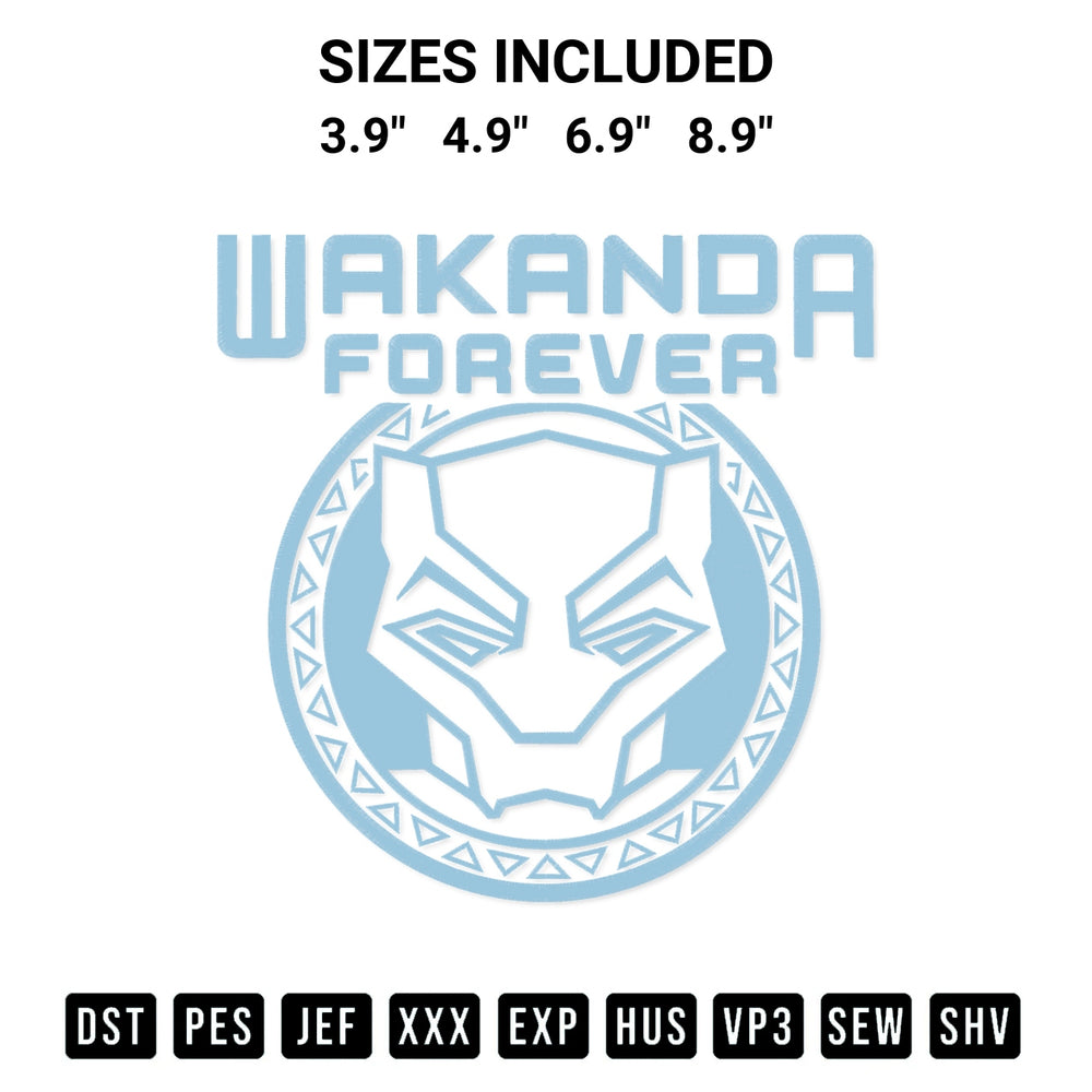 Elevate your next project with our Wakanda Forever Embroidery Design embroidery file. Shop high-quality digital patterns instantly at Designspacks.com. Available sizes: 3.9", 4.9", 6.9", 8.9".