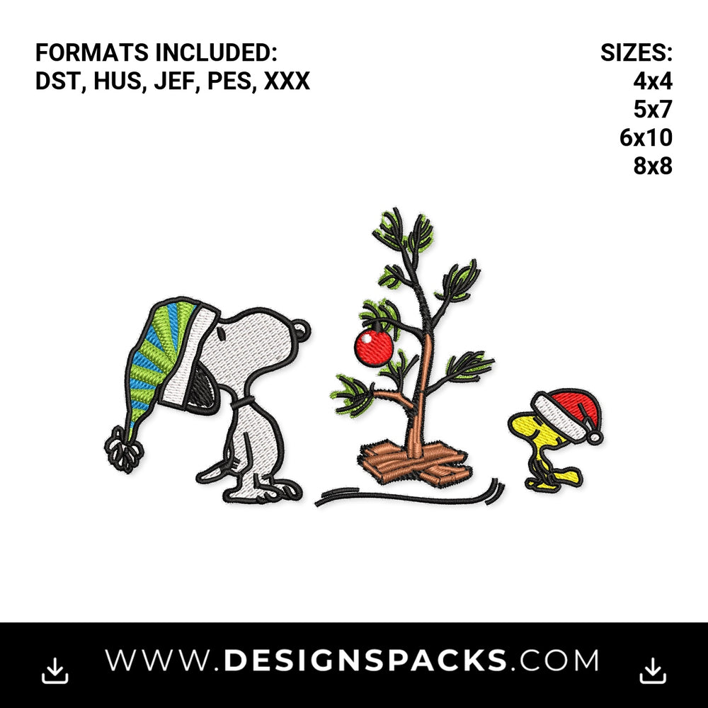 Snoopy & Woodstock Christmas Tree Embroidery Design - Instant digital download pattern at Designspacks.com