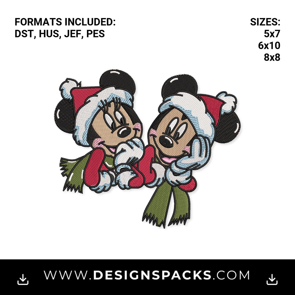 Christmas Mouse Couple in Santa Hats Embroidery Design - Instant digital download pattern at Designspacks.com