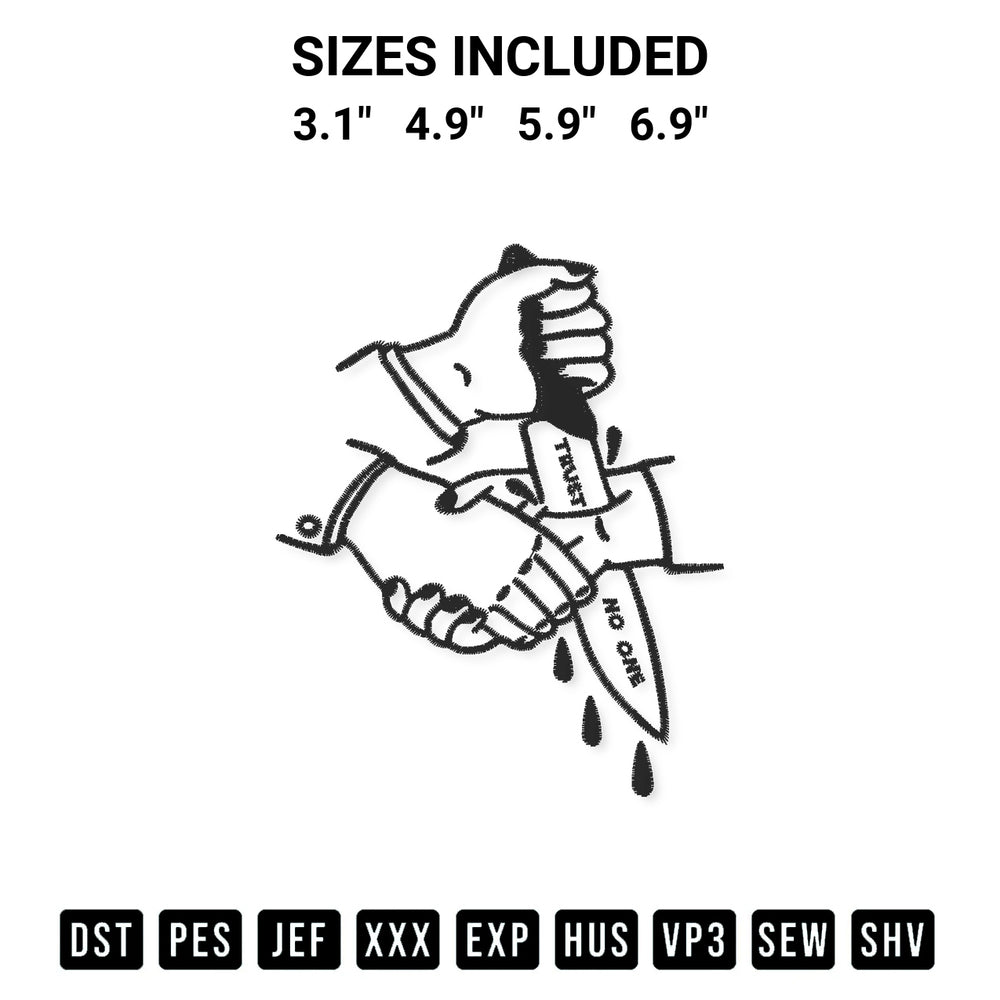 Stitch like a pro with the Hand Holding Trust No One Embroidery Design embroidery pattern from Designspacks.com. High-quality digital machine embroidery file. Available sizes: 3.1", 4.9", 5.9", 6.9".