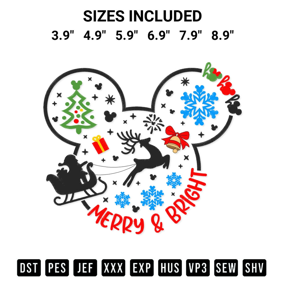 Discover the perfect addition to your crafting collection: Merry And Bright Christmas Head Mickey Embroidery Design embroidery file. Instantly available at Designspacks.com. Available sizes: 3.9", 4.9", 5.9", 6.9", 7.9", 8.9".