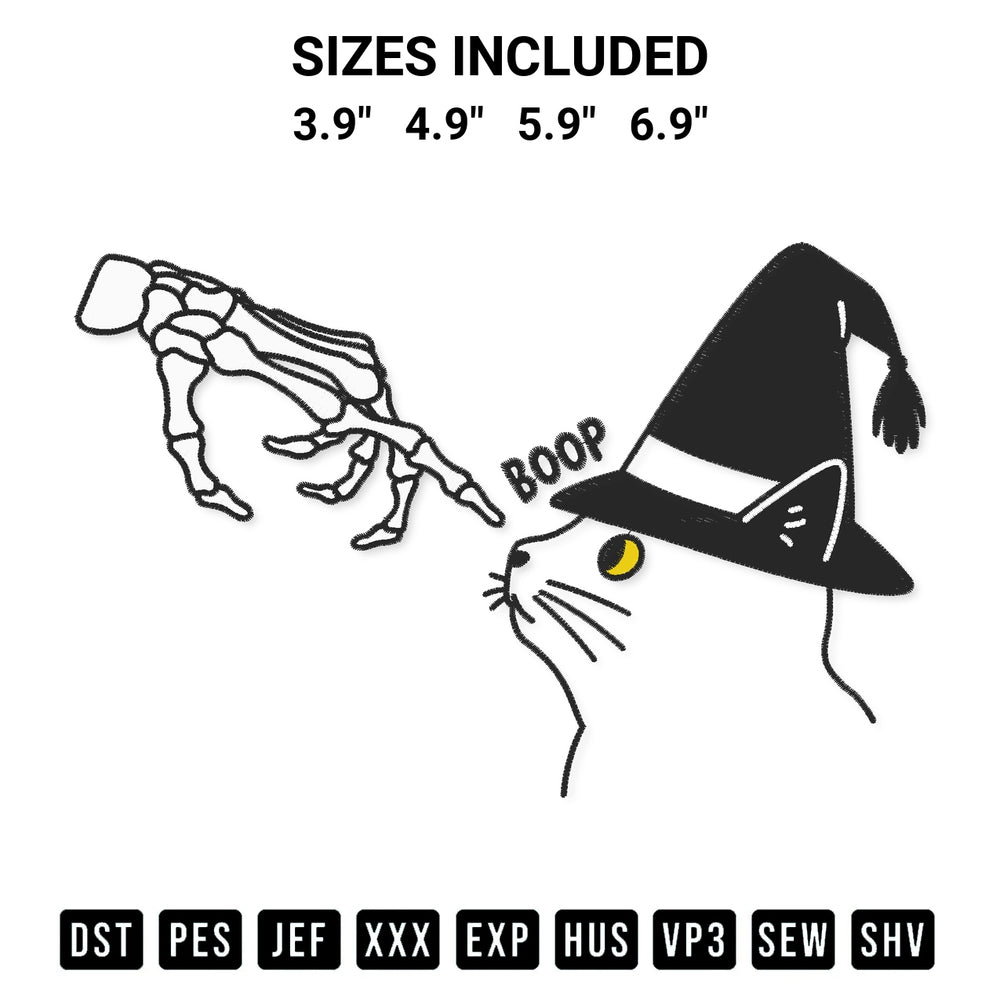 Create amazing crafts with the Skeleton Hand Boop Cat Embroidery Design embroidery file. High-quality digital download from Designspacks.com, perfect for beginners and pros. Available sizes: 3.9", 4.9", 5.9", 6.9".